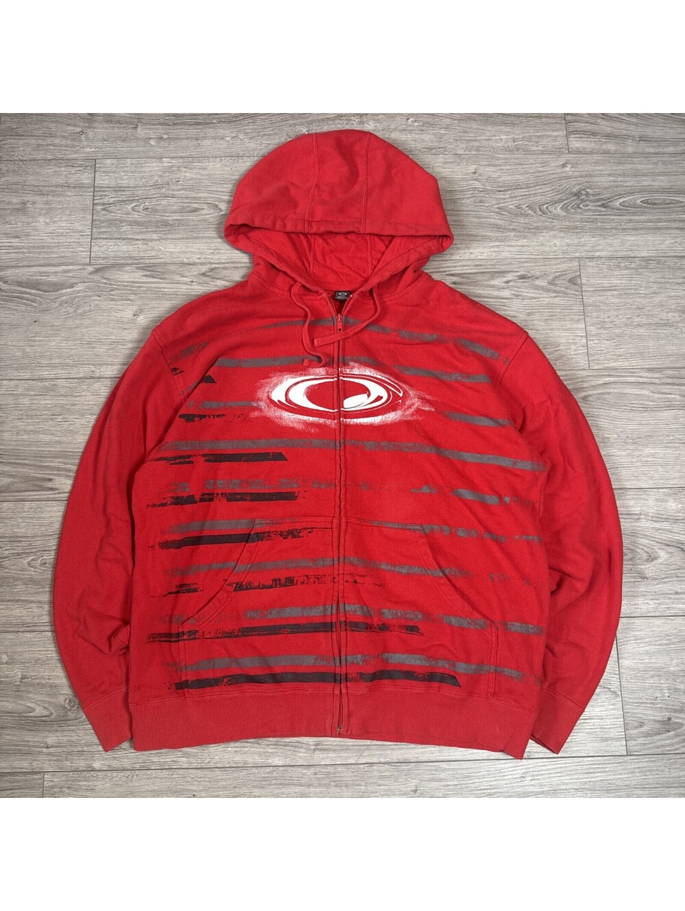 Oakley Zip Up Hoodie Mens Large Red Space Striped Sweatshirt Y2K